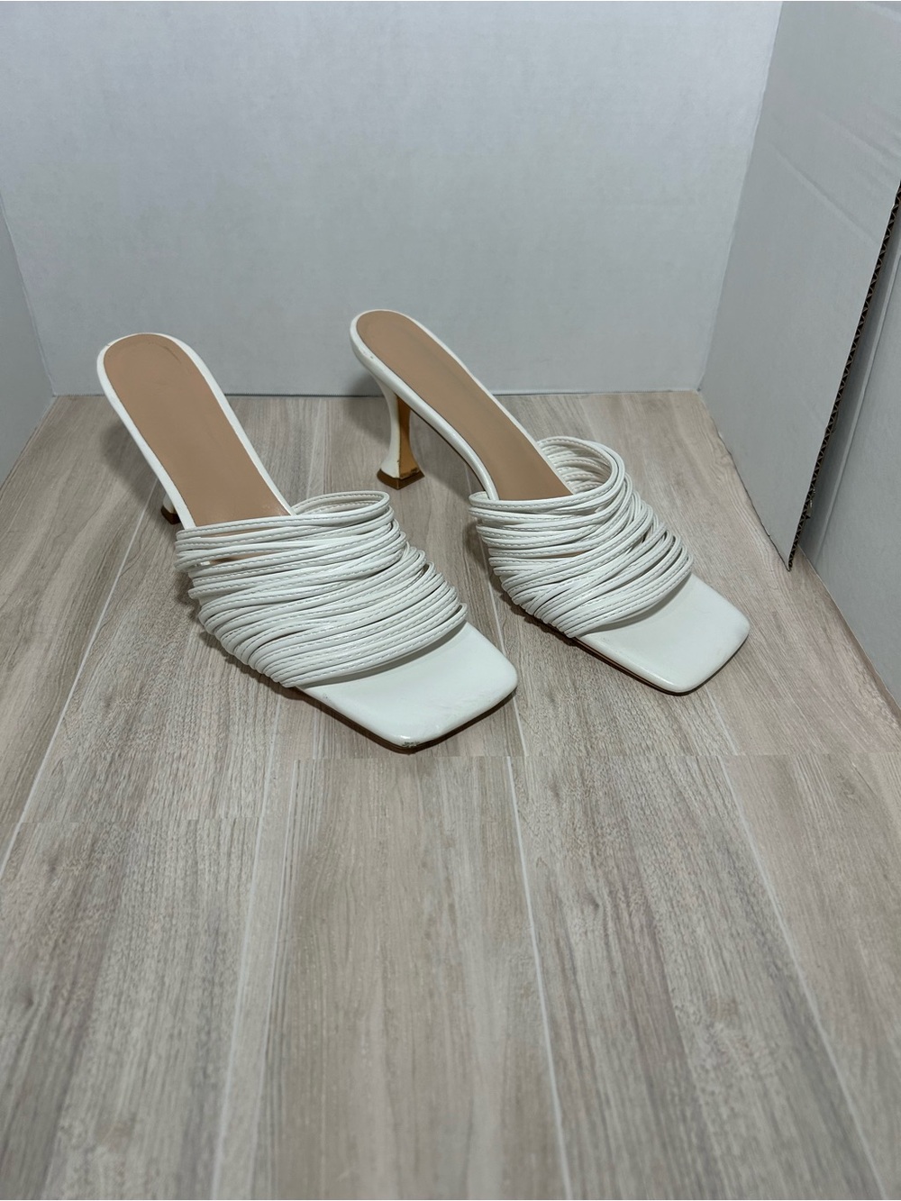 White Square Toe Strappy Heeled Mules - EU 45/US 13